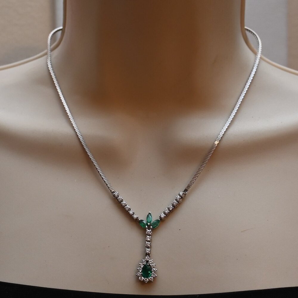 Real Emeralds and Diamond Stones Stunning Vintage Unsigned Y Drop Necklace